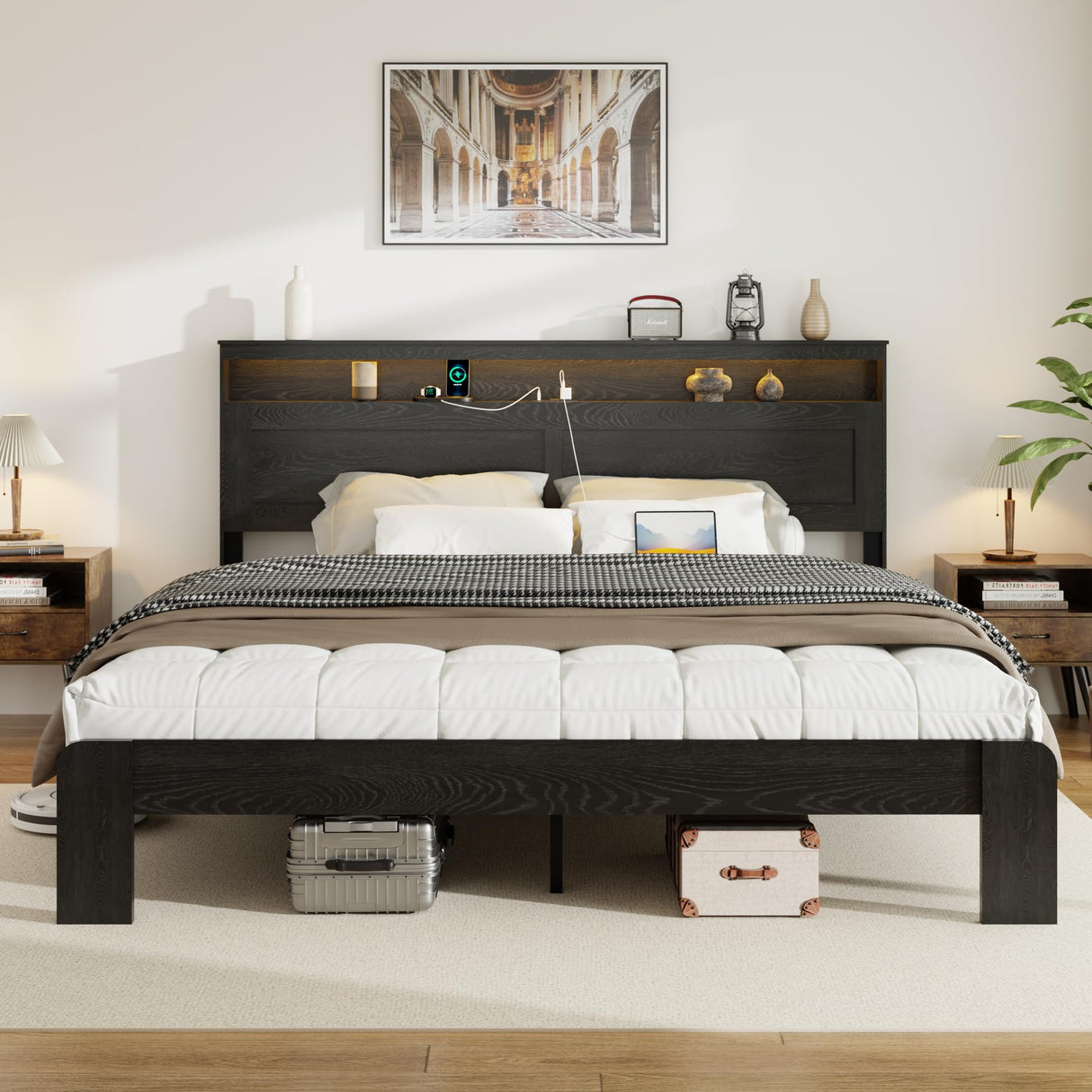 PAUKIN King Size Wooden Bed Frame with Headboard, Rustic Farmhouse Wooden Bedframe with LED Lights and Charging Station, Easy Assembly, No Box Spring Needed (Black, King) PAUKIN