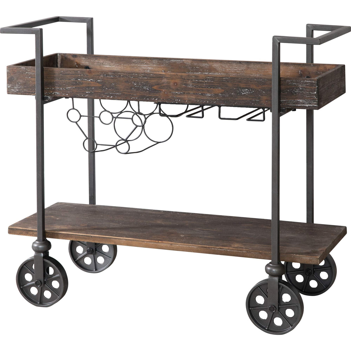 FirsTime & Co. Factory Row Industrial Farmhouse Bar Kitchen and Coffee Serving Cart with Wine Rack, Wheels and Handles, Aged Black, 32.75 L x 14.25 W x 29.75 H inches, Rustic Brown FirsTime & Co.