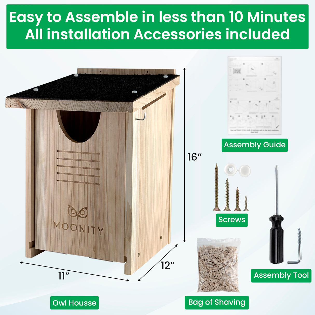 Owl House Cedar - Waterproof Owl Boxes for Outside - Nesting Box for Barn, Screech, Barred - Owl Box 16“ x 12” x 11” - Easy to Install - Bags of Cedar Wood Shavings Moonity
