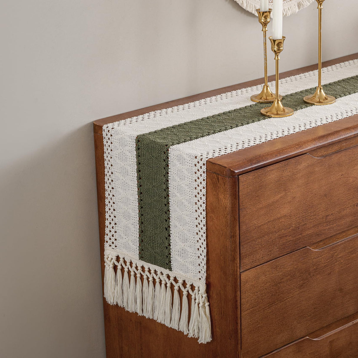 duduta Sage Green Macrame Table Runner 72 inch Long, Rustic Farmhouse Dresser Covers Boho Summer Coffee Table Decor duduta