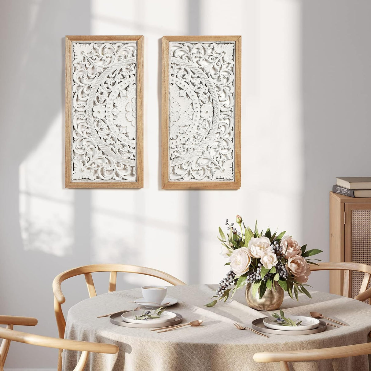 AHUONEL 2 Panel Wall Art Decor Wall Sculpture, Carved Wood Wall Decor Wall Hanging Decor, Rustic Farmhouse Wall Decor for Living Room Bedroom Entryway Hall Office Home Decor, 23"x11.5" AHUONEL