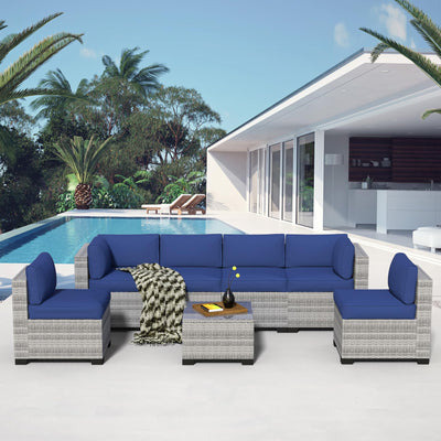 YLGJ&TIDY 7-Piece Outdoor Patio Furniture Set, PE Rattan Sectional Sofa with Waterproof Cushions & Coffee Table, Modern Patio Conversation Set for Patio, Garden, Poolside (7, Greywhite & Navy Blue)