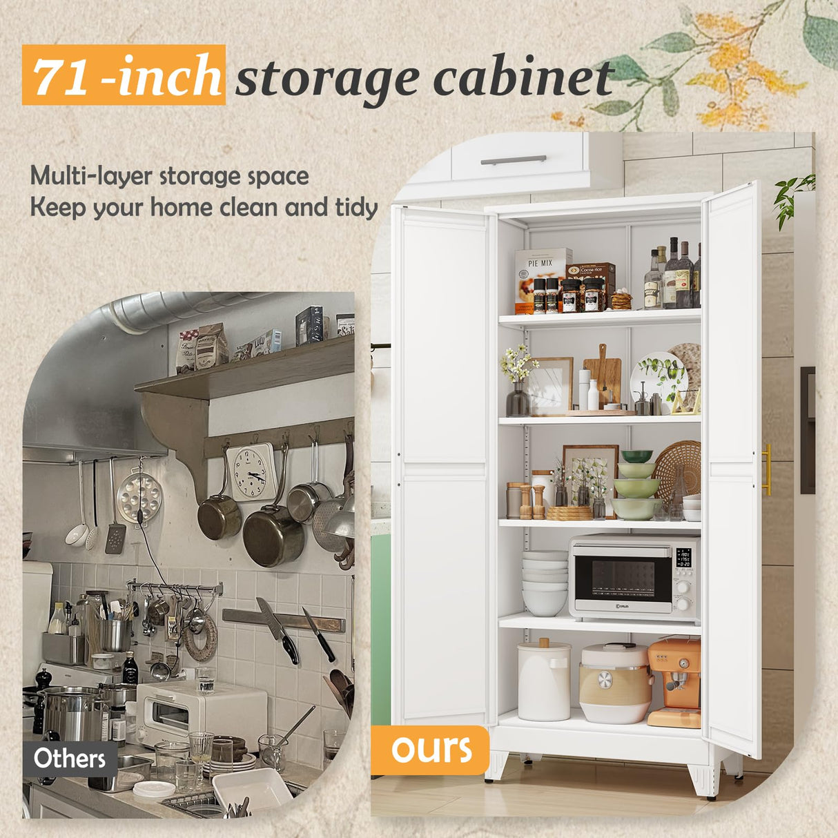 RISTERN White Pantry Storage Cabinet,71" Kitchen Pantry with Doors and 4 Adjustable Shelves, Metal Storage Cabinet, for Office, Home, Garage, School RISTERN