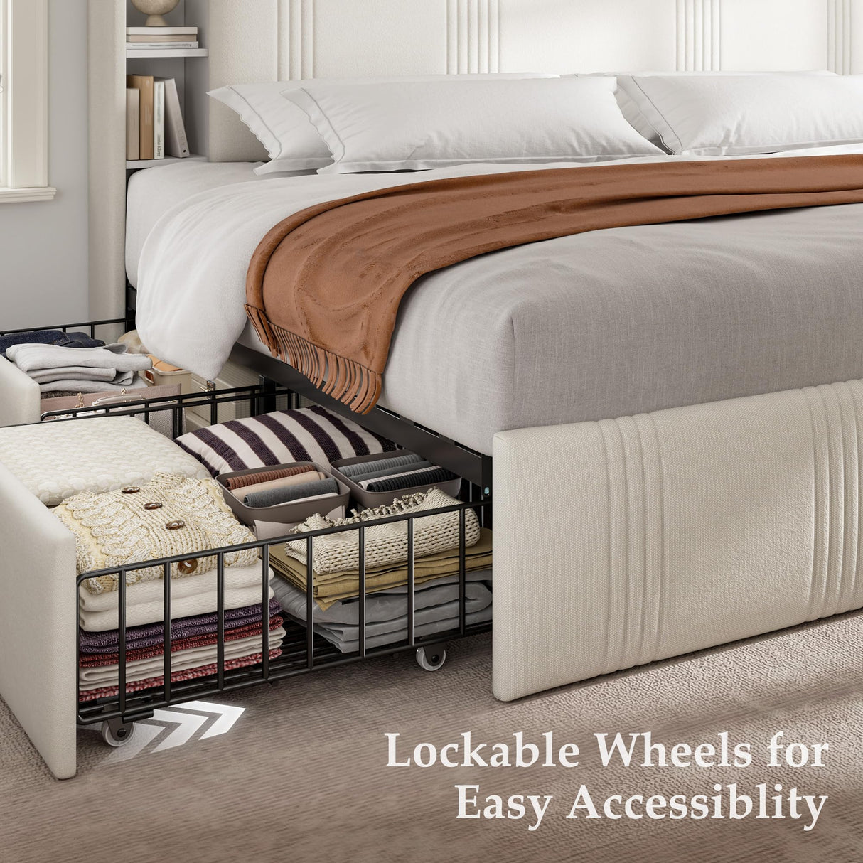 EnHomee King Size Bed Frame with 4 Storage Drawers, Upholstered Platform King Bed Frame with Headboard & LED Lights & Charging Station, Noise Free, No Box Spring Needed, Beige EnHomee