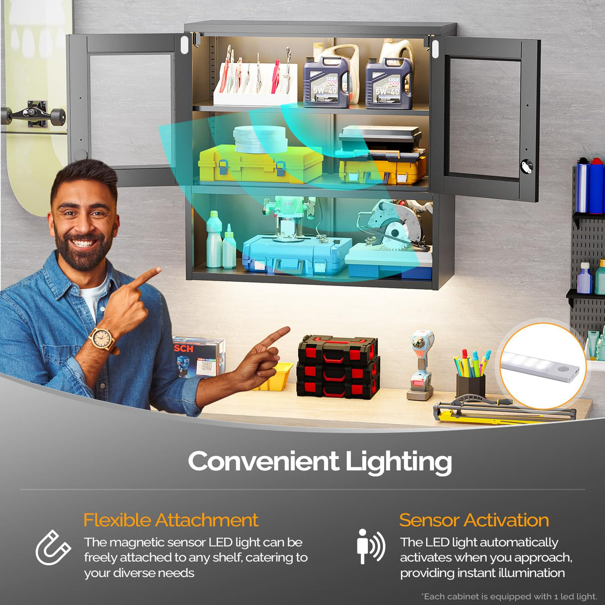 VINGLI Metal Wall Cabinet with Locking Glass Doors & Magnetic LED Sensor Light, Adjustable Shelf, Wall Mounted Storage Display Cabinets for Garage, Kitchen, Home Office, Warehouse, Living Room, Black VINGLI