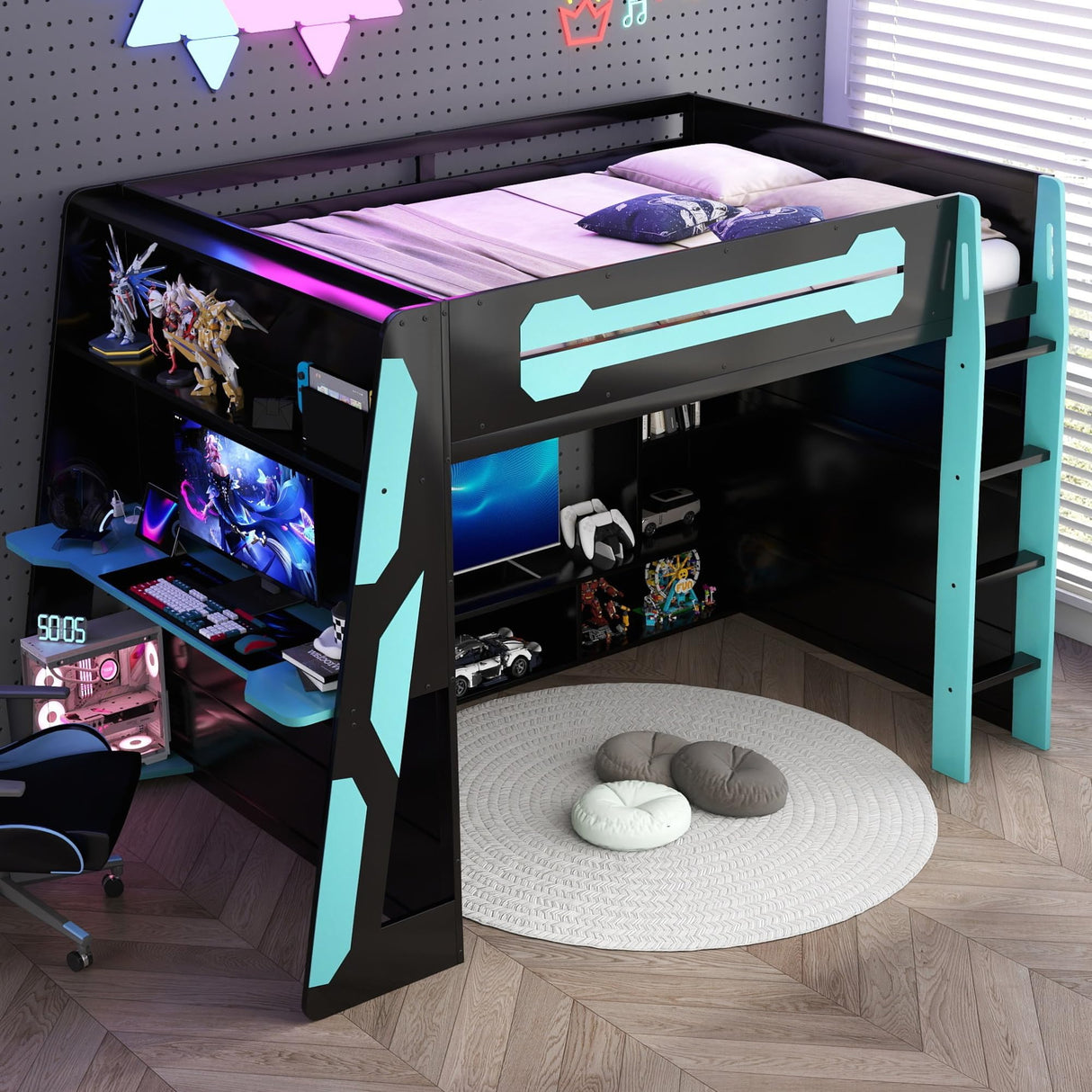 Full Size Wood Gaming Loft Bed with Desk, Full Loft Bed with Multi-Storage Shelves, Light and Charging Station for Teens, Adults Desk Built-in Console Shelf Underneath No Box Spring Needed, Blue Bellemave