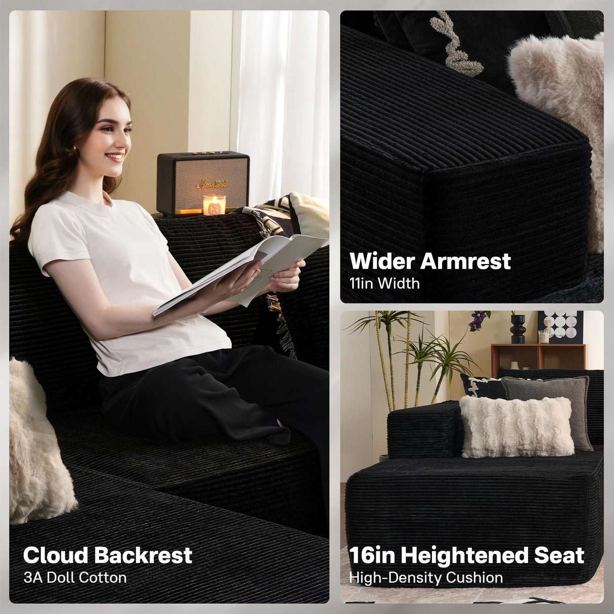 ALTRIGUS 104" Cloudy Sectional L Shaped Couch for Living Room, No Assembly Required, Modular Comfy Sofa with Deep Seat, Fluffy Couch with Sleeper Chaise for Apartment Lounge (Black) ALTRIGUS