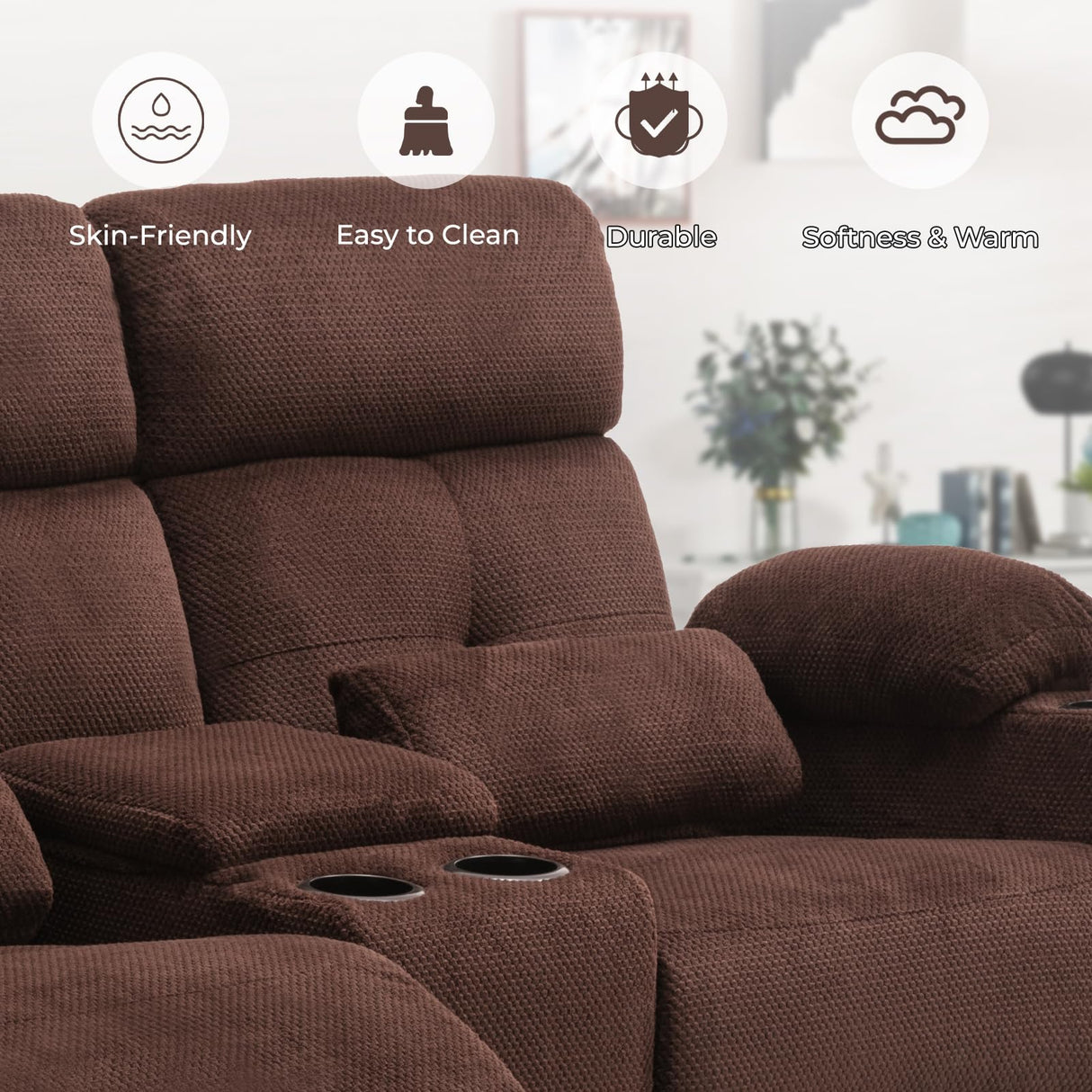 Home Theater Seating Loveseat Recliner Sofa, Power Reclining Couch with Massage & Heat, USB Charging Port, 2 Lumbar Support Pillows, Center Console, Cup Holder, Side Pocket, for RVs, Movie Room P.H.Furn