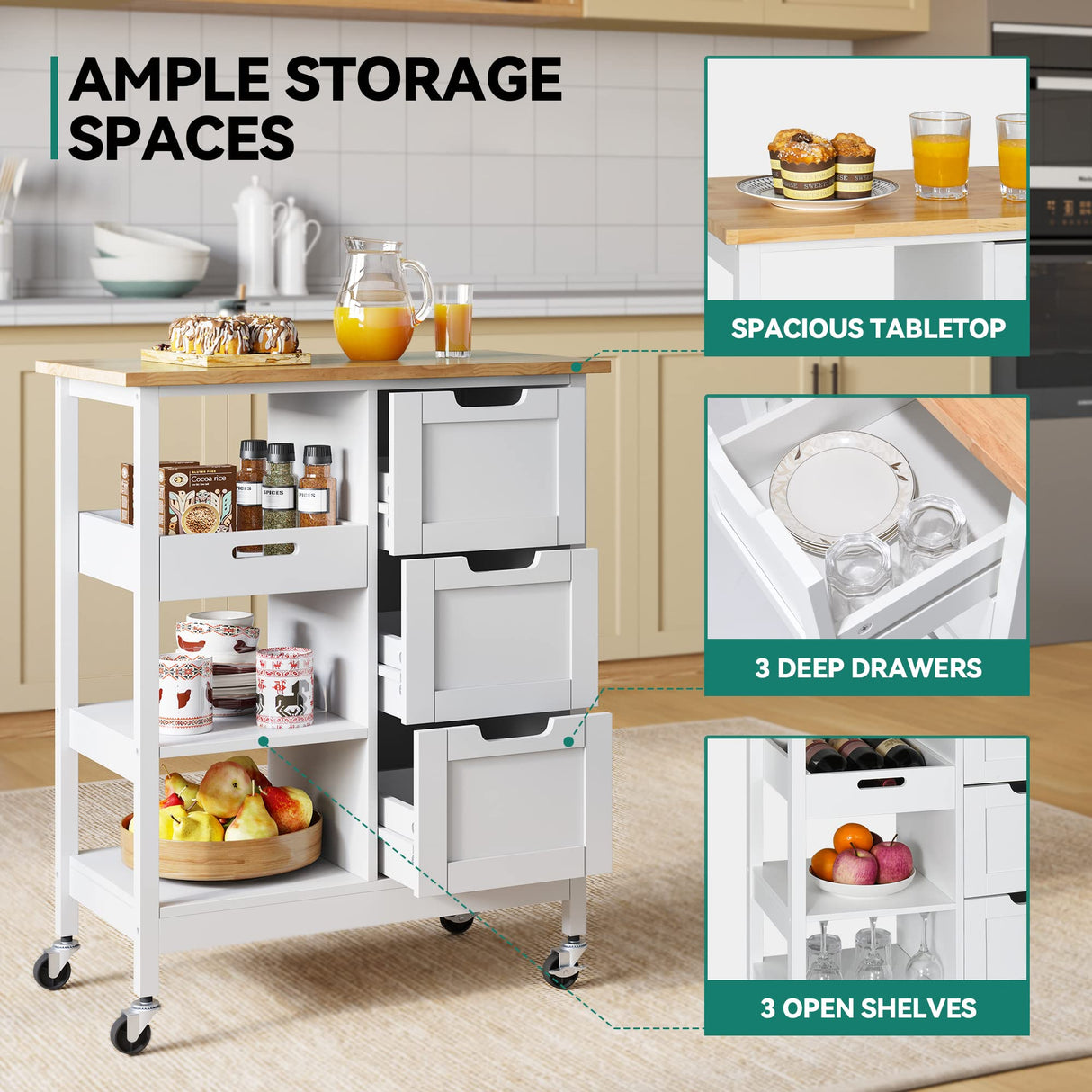 YITAHOME Small Solid Wood Top Kitchen Island Cart on Wheels with Storage, Rolling Portable Dining Room Serving Utility Carts Mobile Movable with 3 Drawers Cabinet, Oak & White YITAHOME