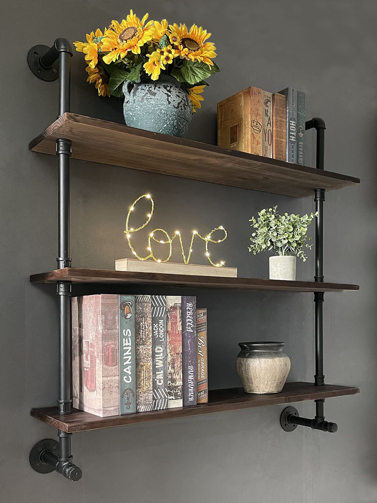Industrial Pipe Wall Shelves with Real Wood Plank ,36 Inches Floating Shelves for Wall Farmhouse Book Shelves Dark Brown 3 Tier for Kitchen,Living Room Decor and Bar Shelving ROGMARS
