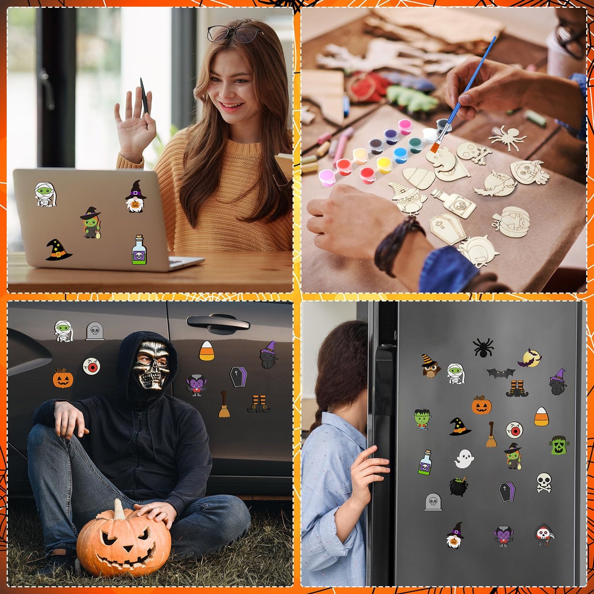 Mootycapa 24 Pcs Halloween DIY Wooden Magnets to Paint, Cute Glow in The Dark Wood Painting Crafts, Fridge Magnets Craft Kits for Boys Girls Gifts School Home Party(Pumpkin Skull) Mootycapa