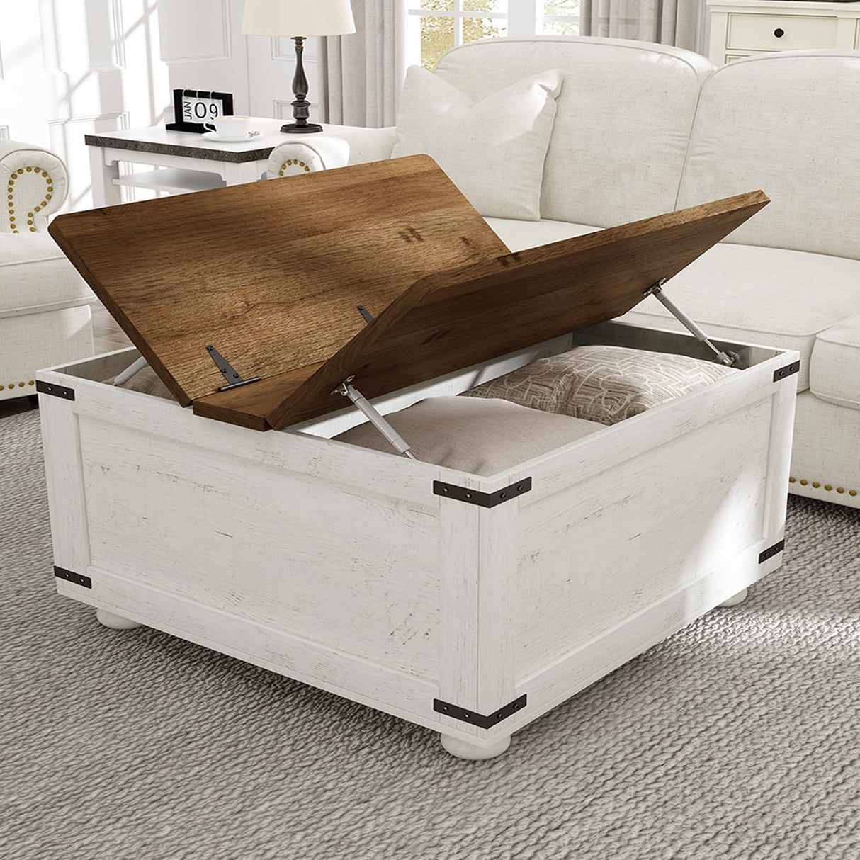 MaverickFurni Farmhouse Coffee Table with Storage, White Square Center Table with Hidden Storage Organizer for Living Room, Center Table with Hinged Flip-Top Lids MaverickFurni