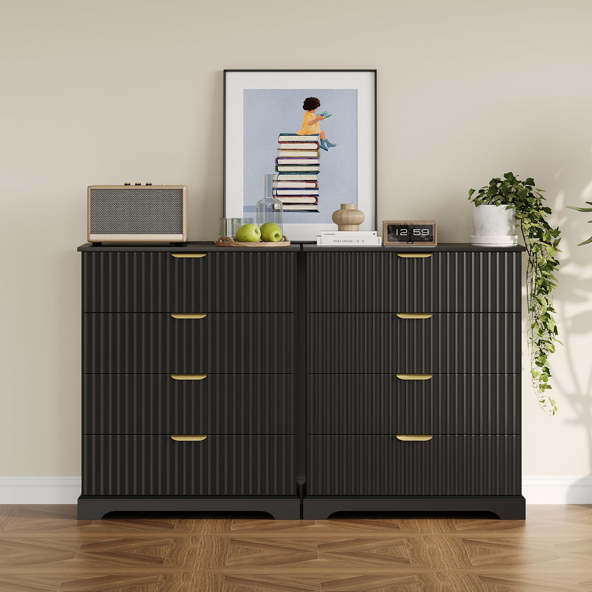 ProsperHaven Fluted Dresser with 4 Drawers for Bedroom, 36.6" Tall Dresser with Charging Station, Wooden Chest of Drawers for Bedroom, Living Room, Entryway, Black ProsperHaven