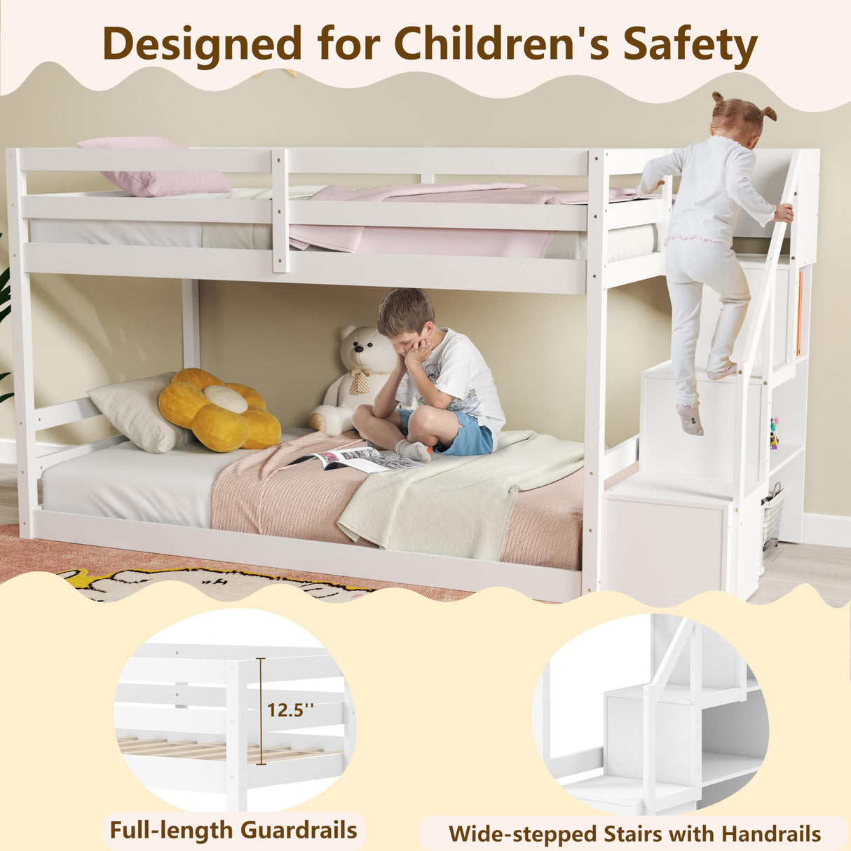 KOMFOTT Wood Twin Over Twin Low Bunk Bed with Storage Staircase, Wooden Bunk Bed Frame with Full-Length Guardrails, Low Profile Bunk Bed with Slats Support, No Box Spring Needed (White) KOMFOTT