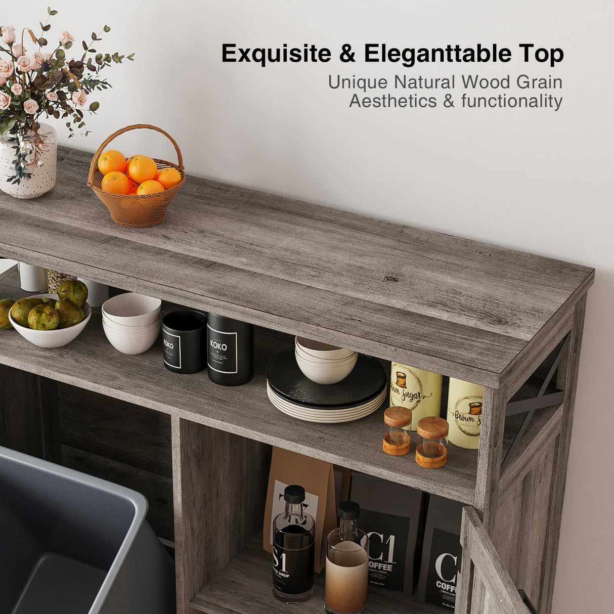 Befrases Tilt Out Trash Can Cabinet for 13 * 1 Gallon Trash Can, Farmhouse Kitchen Island Cabinet with Adjustable Shelf for Hidden Laundry Basket, Dog Proof Garbage Can for Dining Living Room, Grey Befrases