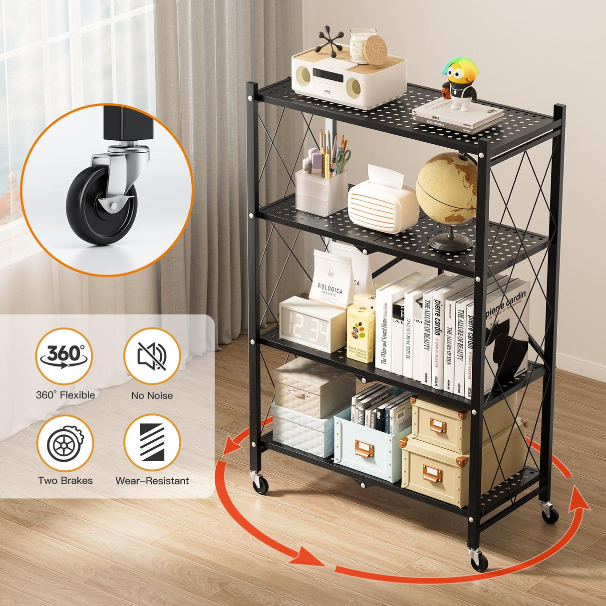 HealSmart Heavy Duty 4-Tier Foldable Metal Rack, 14.96" D x 27.95" W x 49.61" H Storage Shelving Unit 1000 lbs with Wheels Moving Easily Organizer Shelves Great for Garage Kitchen, Black HealSmart