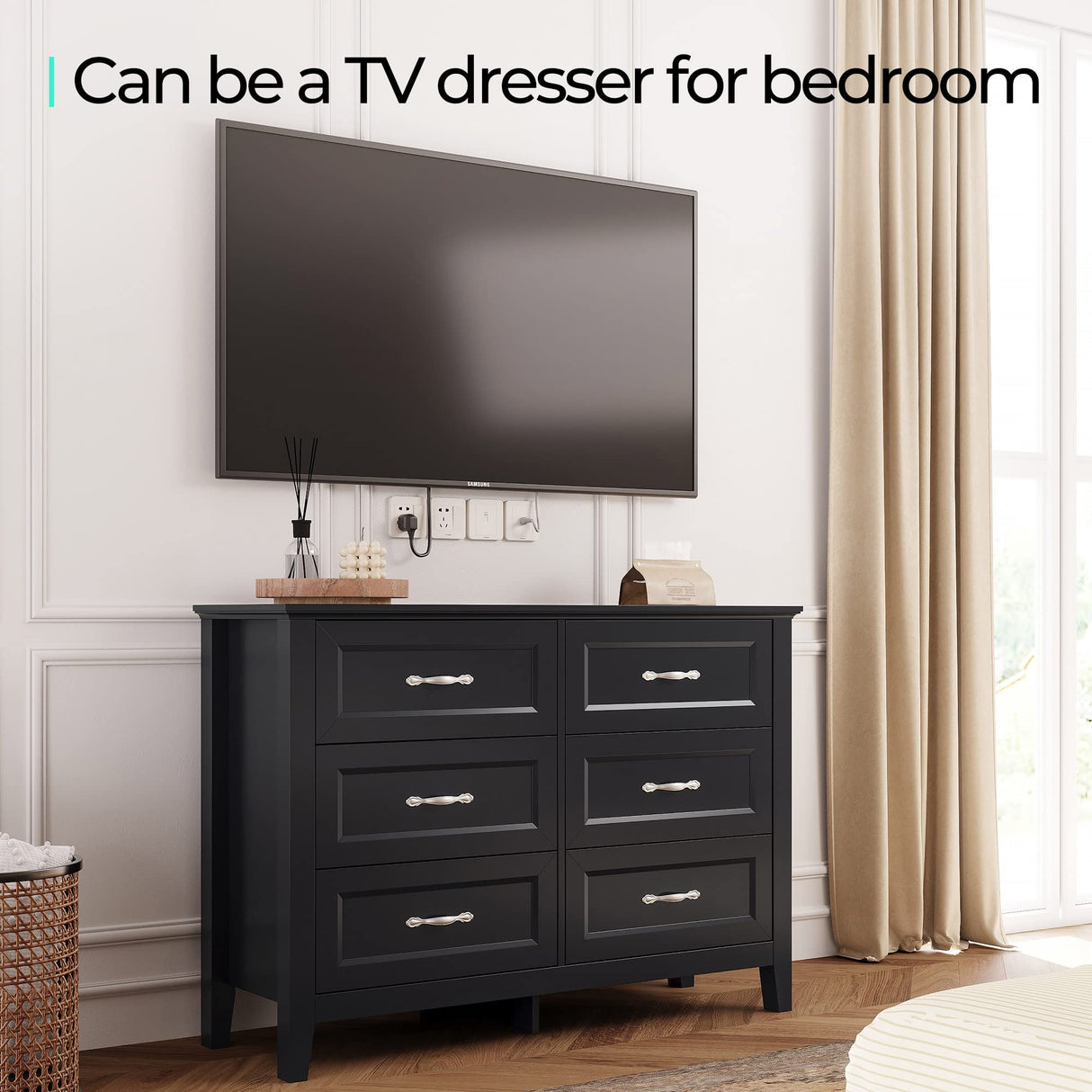 LINSY HOME Farmhouse 6 Drawers Dresser Chests for Bedroom, Wood Dresser Wide Chest of Drawers, Storage Dressers Organizer for Bedroom, Living Room,Hallway, SGS Certified LINSY HOME