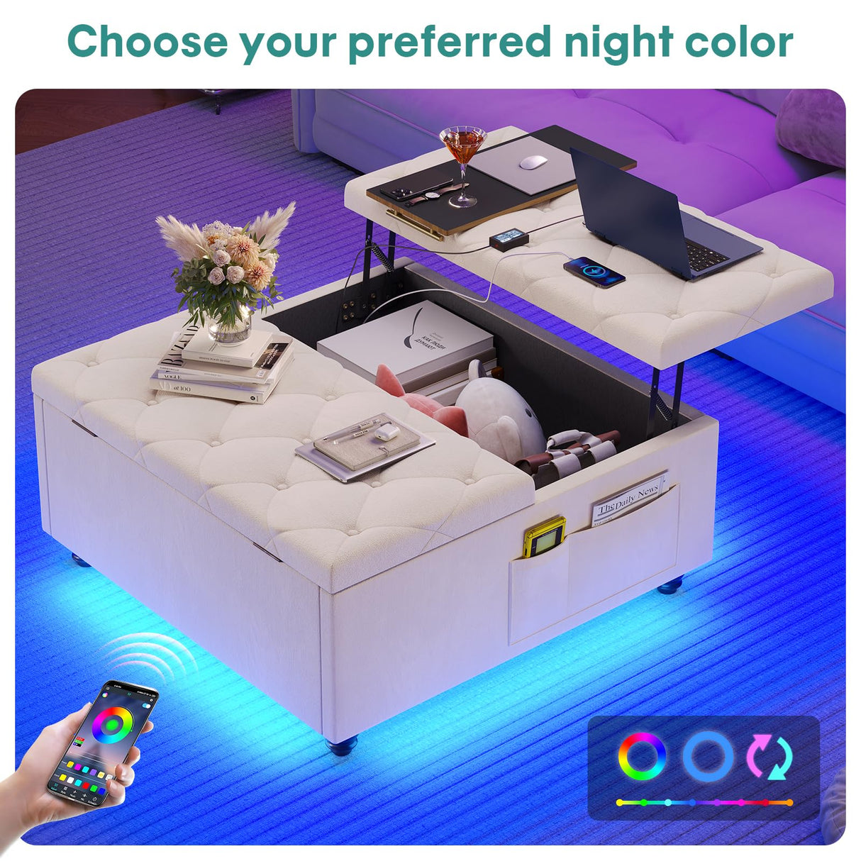 Storage Ottoman Coffee Table,Square Ottoman with Storage & Charging Station and LED Lights,Velvet Buttons Large Ottoman Coffee Table with Lift Top & Solid Wood Legs for Living Room Bedroom (Beige) busyaeh