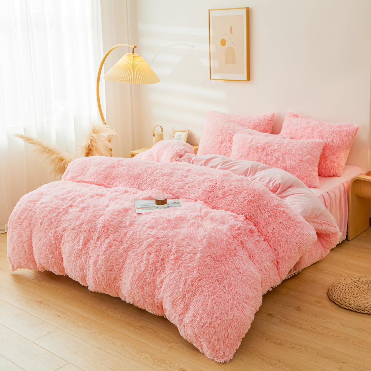 ERLOXO Fluffy Pink Faux Fur Comforter Cover Set,Fluffy Fuzzy Plush Pink Bedding 3Pcs (1 Faux Fur Duvet Cover +2 Fuzzy Pillowcases) Pink Fluffy Bed Set (Pink, Queen) ERLOXO