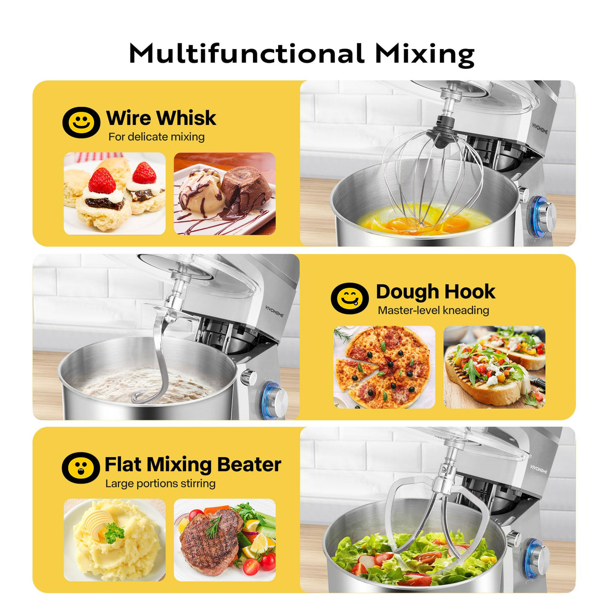 VIVOHOME 7.5 Quart Stand Mixer, 660W 6-Speed Tilt-Head Kitchen Electric Food Mixer with Beater, Dough Hook, Wire Whip, and Egg Separator, Silver VIVOHOME