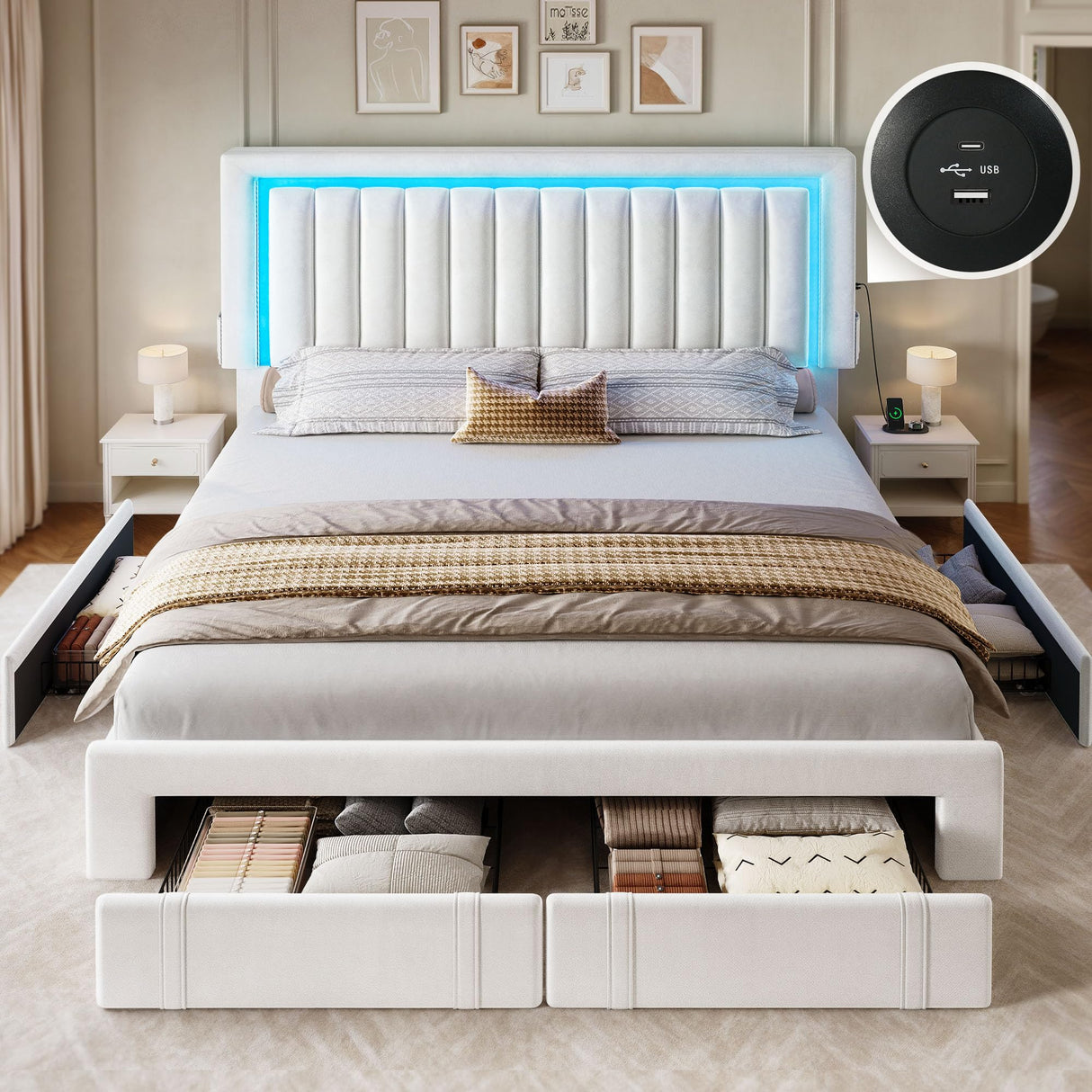 YITAHOME Queen Size Bed Frame with Adjustable Headboard, 4 Storage Drawers and RGB LED Lights, Velvet Upholstered Platform Bed with USB Ports, No Box Spring Needed, Fast Assembly, Noise-Free, White YITAHOME