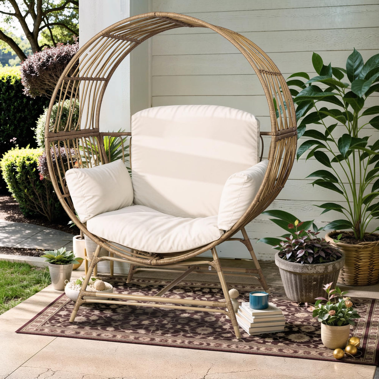 Fancyango Egg Chair Outdoor Indoor, Oversized Rattan Chair with Thicken Cushion, 510LBS Capacity Wicker Patio Lounge Chair, Basket Chair for Living Room Balcony Porch Backyard, Beige Fancyango