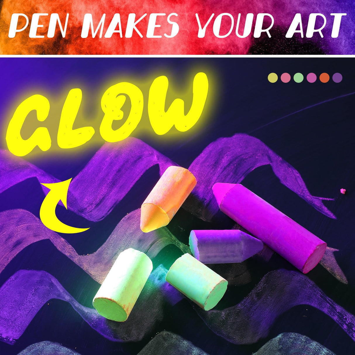 Feifeiya 12 Pcs Glow in the Dark Chalk Under Blacklight, 6 Neon Colors Washable Dustless UV Sidewalk Chalk for Black Light Party Playground Chalkboard Birthday Gift and Outdoor Drawing (Crayon) Feifeiya