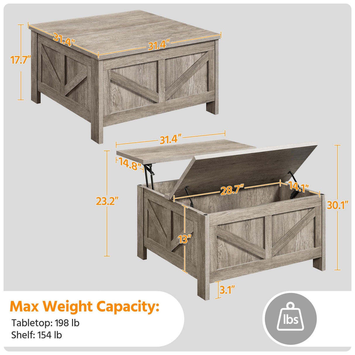 Yaheetech Lift Top Coffee Table, Square Farmhouse Coffee Table with Hidden Storage Compartment, Wood Center Table for Living Room, Home Office, Gray Yaheetech