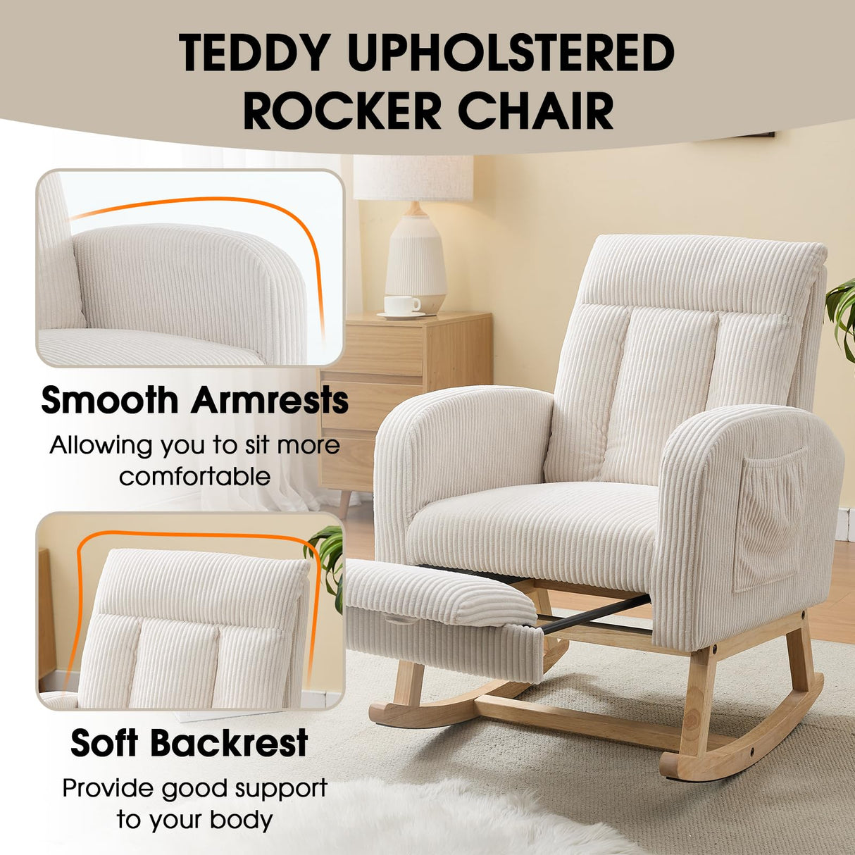 NIOIIKIT Nursery Rocking Chair, Corduroy Upholstered Rocking Chair with Adjustable Footrest, Tufted Rocker Chair with Side Pocket, Glider Rocker for Living Room, Bedroom (Cream Casual) NIOIIKIT