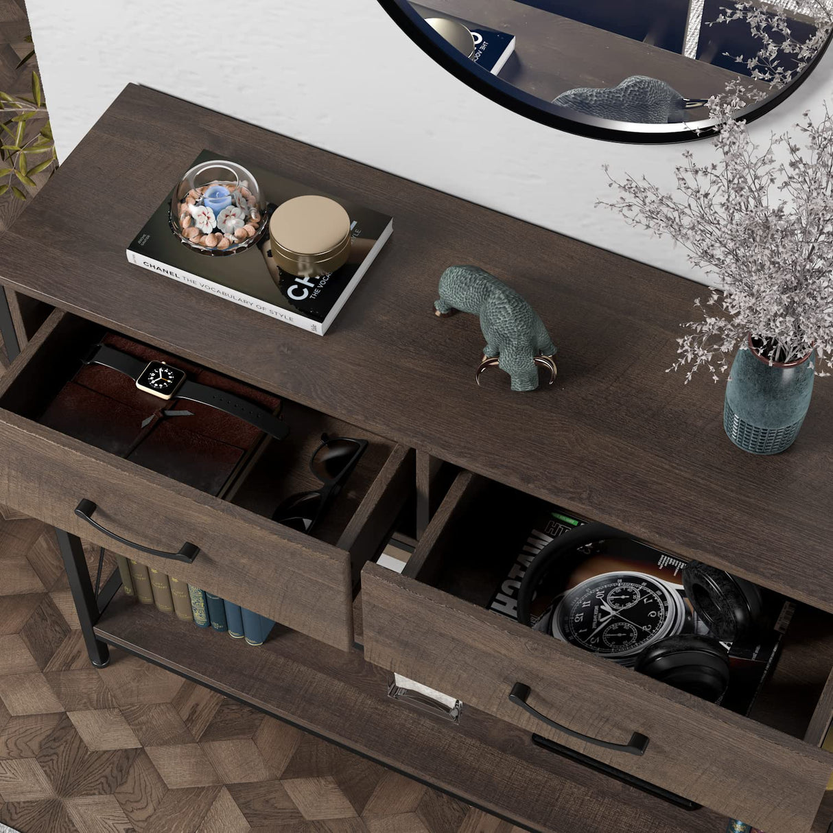 HITHOS Industrial Console Table with Drawers, Vintage Hallway Foyer Table with Storage Shelves, Narrow Long Sofa Entryway Table for Living Room, Dark Brown HITHOS