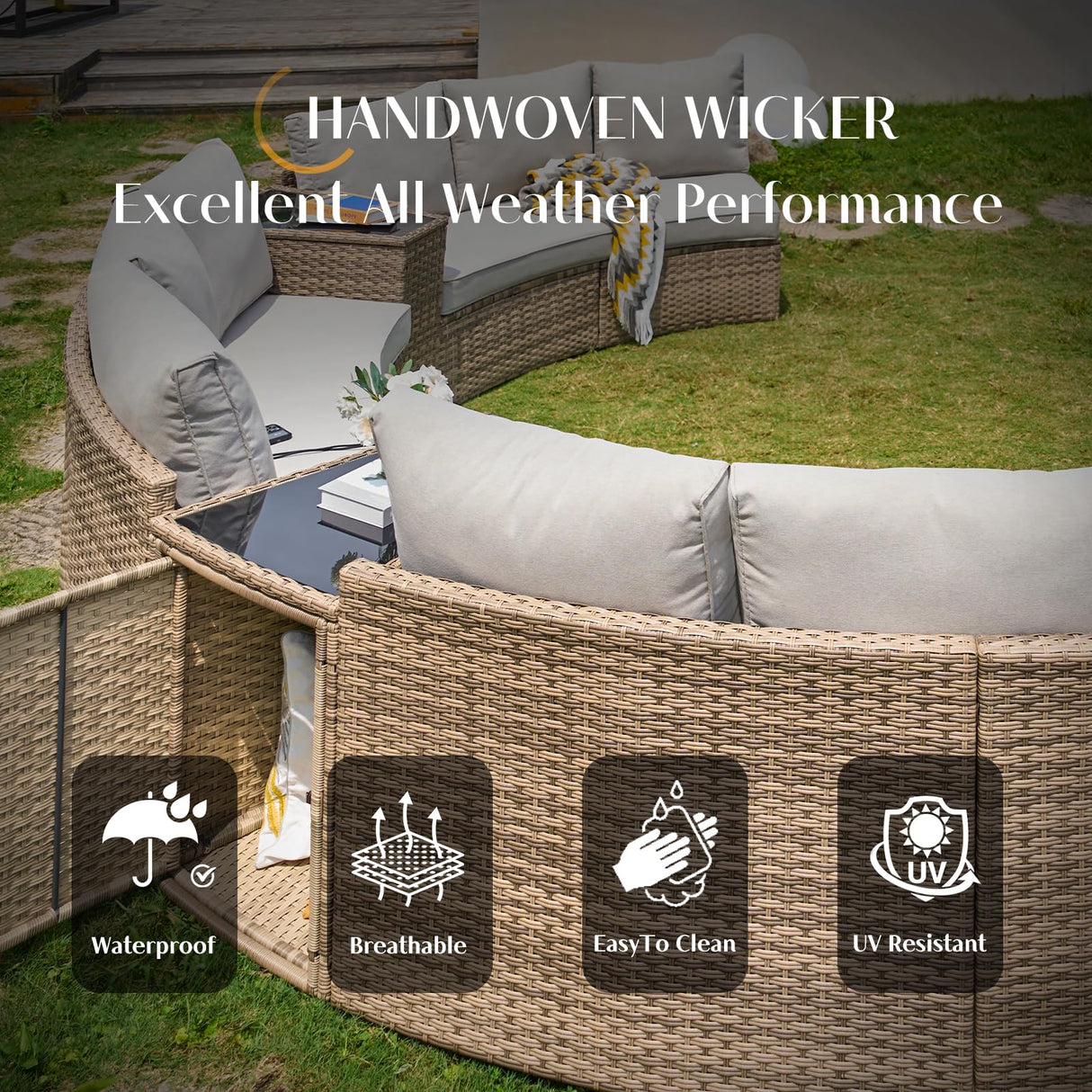 PaPaJet Patio Conversation Set, 3 Piece Half-Moon Sectional Round Patio Furniture Set, Wicker Sofa Set, for Backyard Patio Garden, Beige PaPaJet