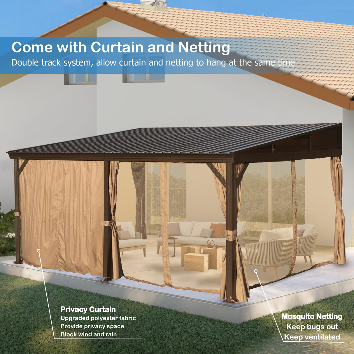 SHPAI 12’ x 16’ Lean to Gazebo, Outdoor Wall Mounted Gazebo Aluminum Frame, Hardtop Pergola with Galvanized Steel Sloping Roof for Patio Deck Garden Backyard, Curtain and Netting Included SHPAI