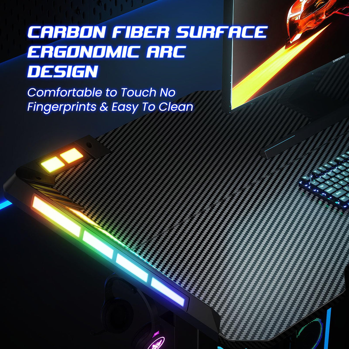 Flycity Gaming Standing Desk with LED Lights & APP Control, 48" x 24" Gaming Table with Music Sensing, Underdesk Cable Storage Electric Standing Desk, Black Carbon Fiber PC Desk for Home Office Flycity