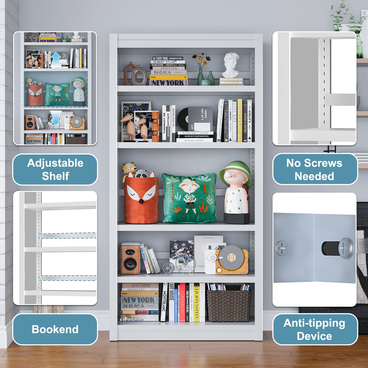 LyAosdFu Bookcase, 5-Shelf Industrial Bookshelf, Large Storage Space, Adjustable Bookshelves, Perfect for Living Room, Home Office, Garage, Ideal for WFH Essentials & Home Office Upgrade LyAosdFu