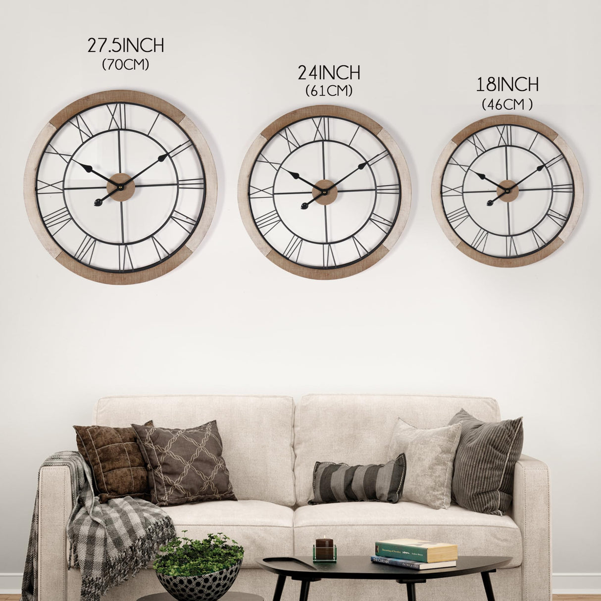 Wall Clock for Living Room Decor, 24'' Big Wall Clock for Office, Rustic Wall Clock Battery Operated, Distressed White Roman Numeral Clock, Round, Wood Wall Clock Oakrain