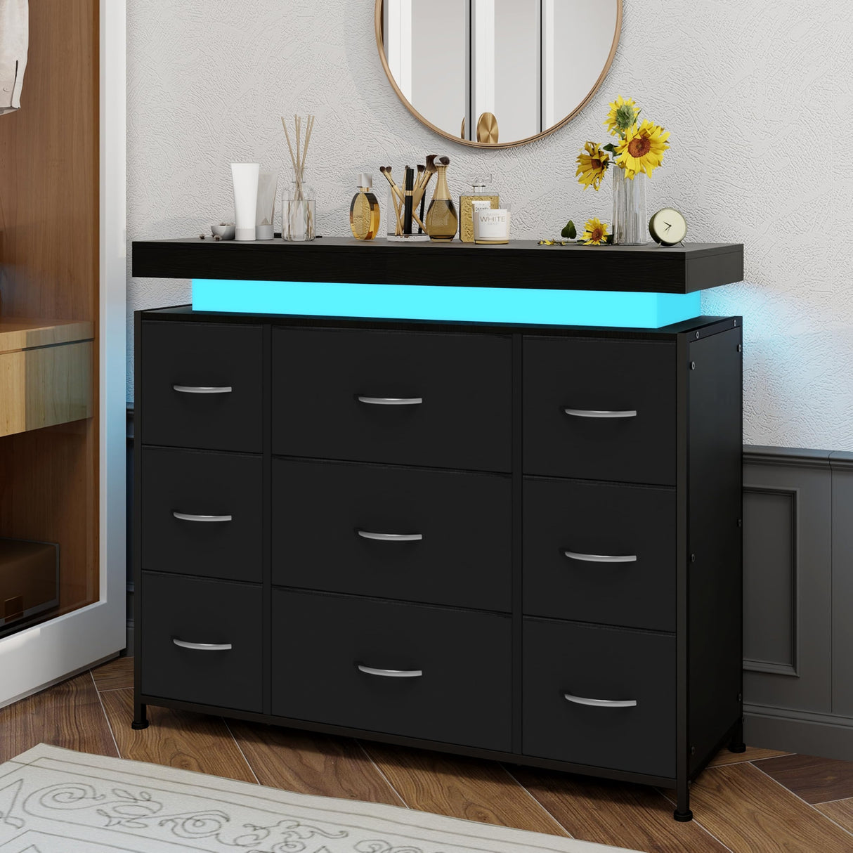 Tohomeor TV Stand 9 Drawer Dresser with Power Outlet & LED Lights, Modern Chest of Drawers Fabric Drawers with PU Finish Small TV Console Table Dresser for Living Room (Black, 9 Drawers) Tohomeor