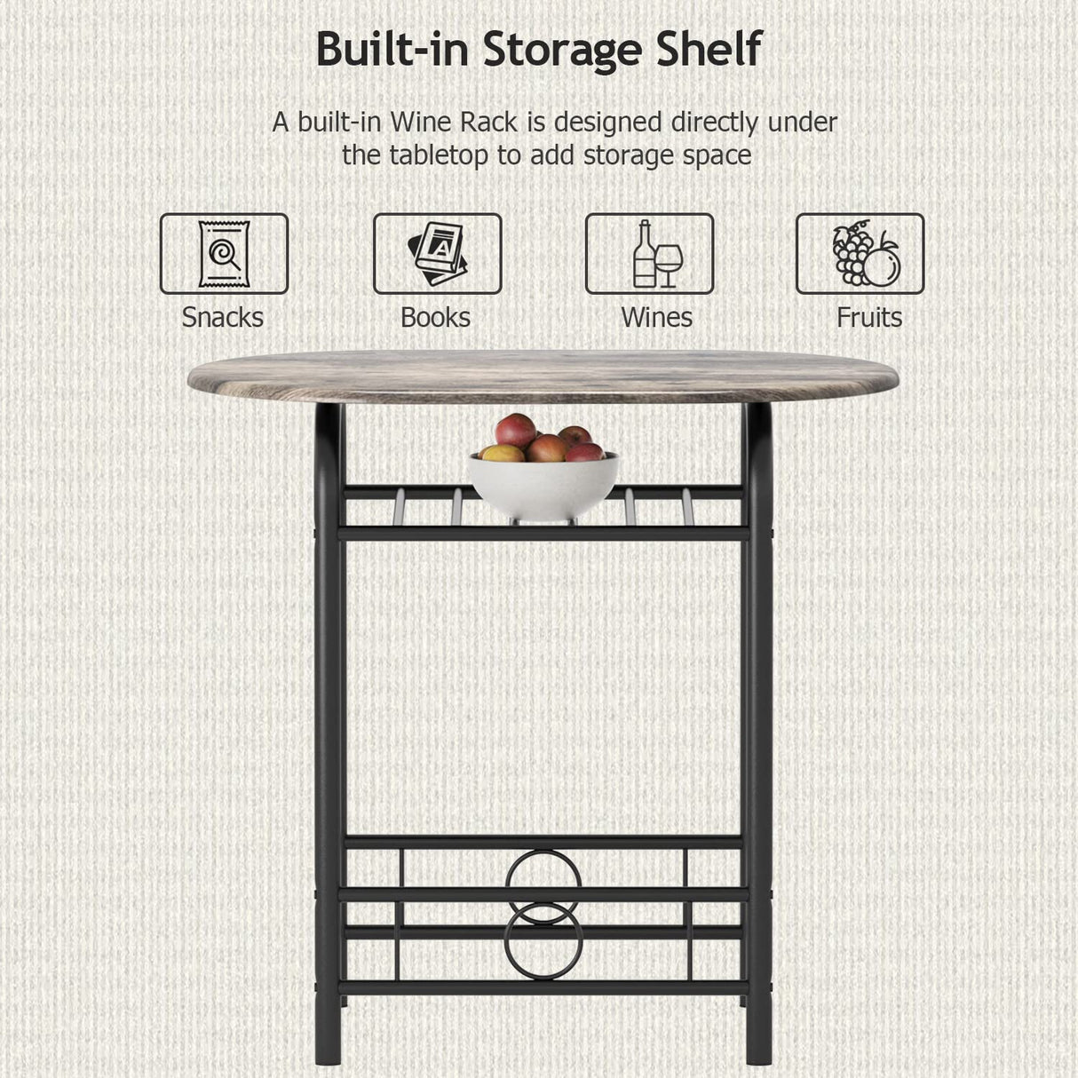 JUMMICO 3-Piece Wooden Round Table & Chair Set, Space Saving Kitchen Breakfast Nook Wood Grain Tabletop with Metal Frame and Built-in Wine Rack for Kitchen, Dining Room (Walnut/Black) JUMMICO