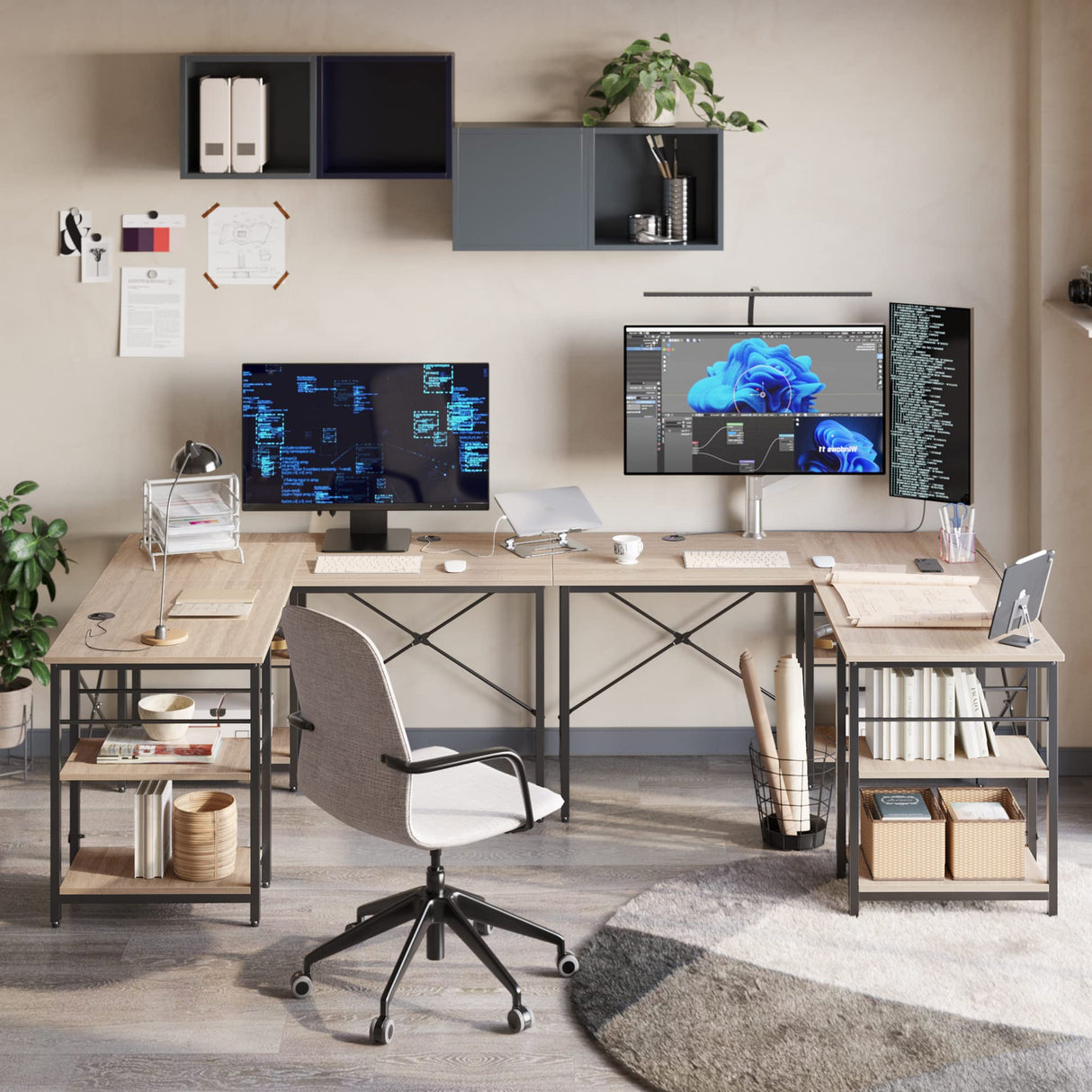 Bestier L Shaped Desk with Shelves 86.6 Inch Reversible Corner Computer Desk or 2 Person Long Table for Home Office Large Gaming Writing Storage Workstation P2 Board with 3 Cable Holes, Oak Bestier