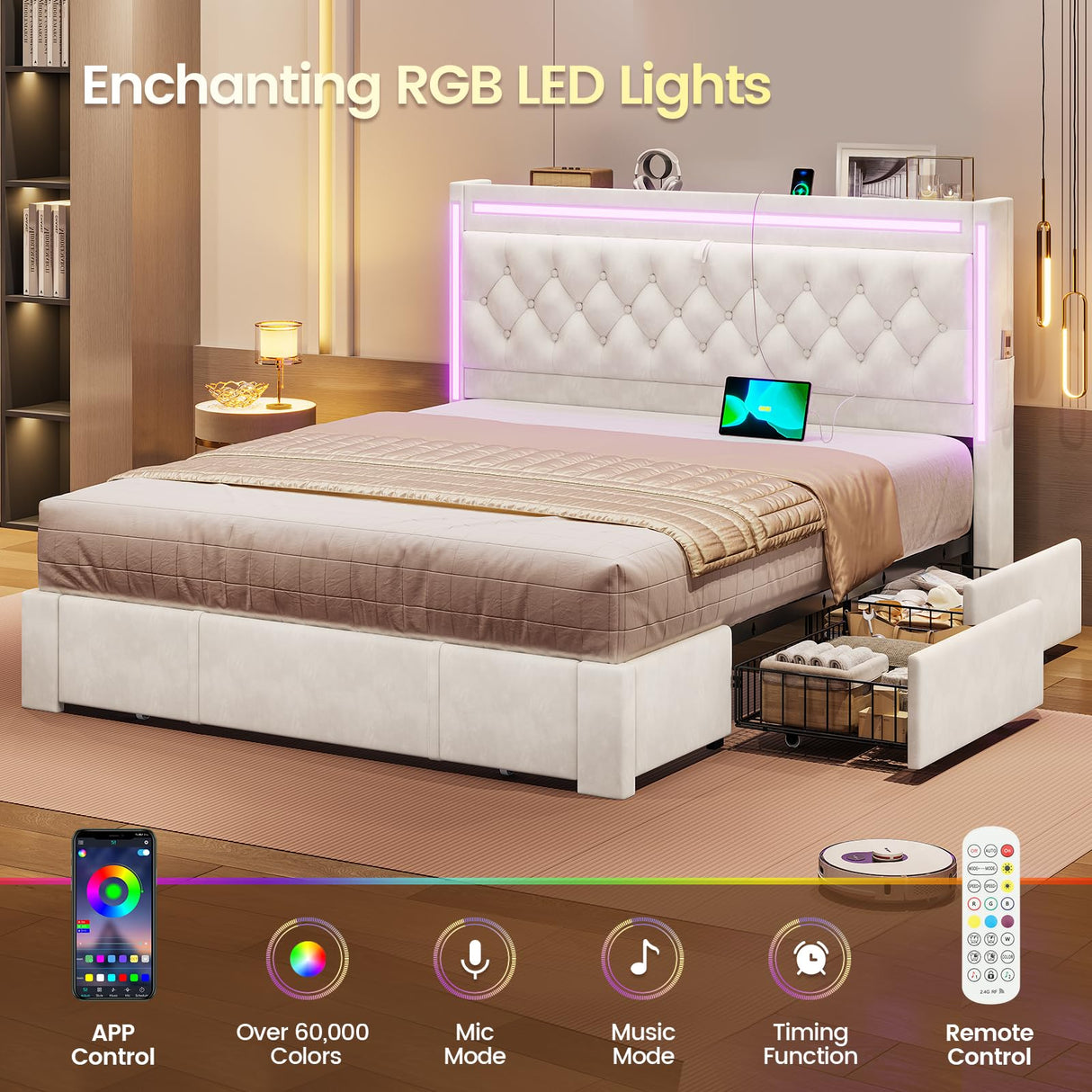 BTHFST Upholstered LED Bed Frame Queen Size with 5 Storage Drawers, Hidden Storage Headboard with Charging Station, Velvet Button Tufted Headboard Platform Bed, Beige BTHFST