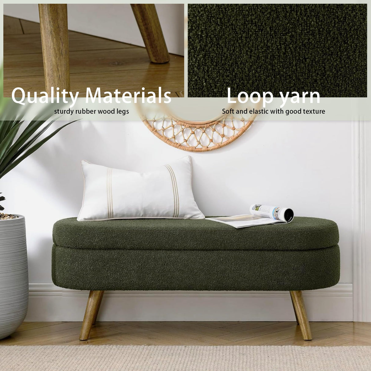 ECLYL Oval Storage Bench 43.5" Linen Fabric Upholstered Entryway Bench with Solid Wood Legs Ottoman Bench Indoor Bench for Living Room/Bedroom/End of Bed/Entryway (Dark Green) ECLYL