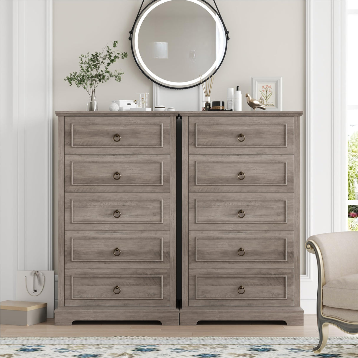 HOSTACK 5 Drawer Tall Dresser, Modern Farmhouse Chest of Drawers, Wood Dressers Organizer, Accent Storage Cabinet for Living Room, Hallway, Home Office, Ash Grey HOSTACK