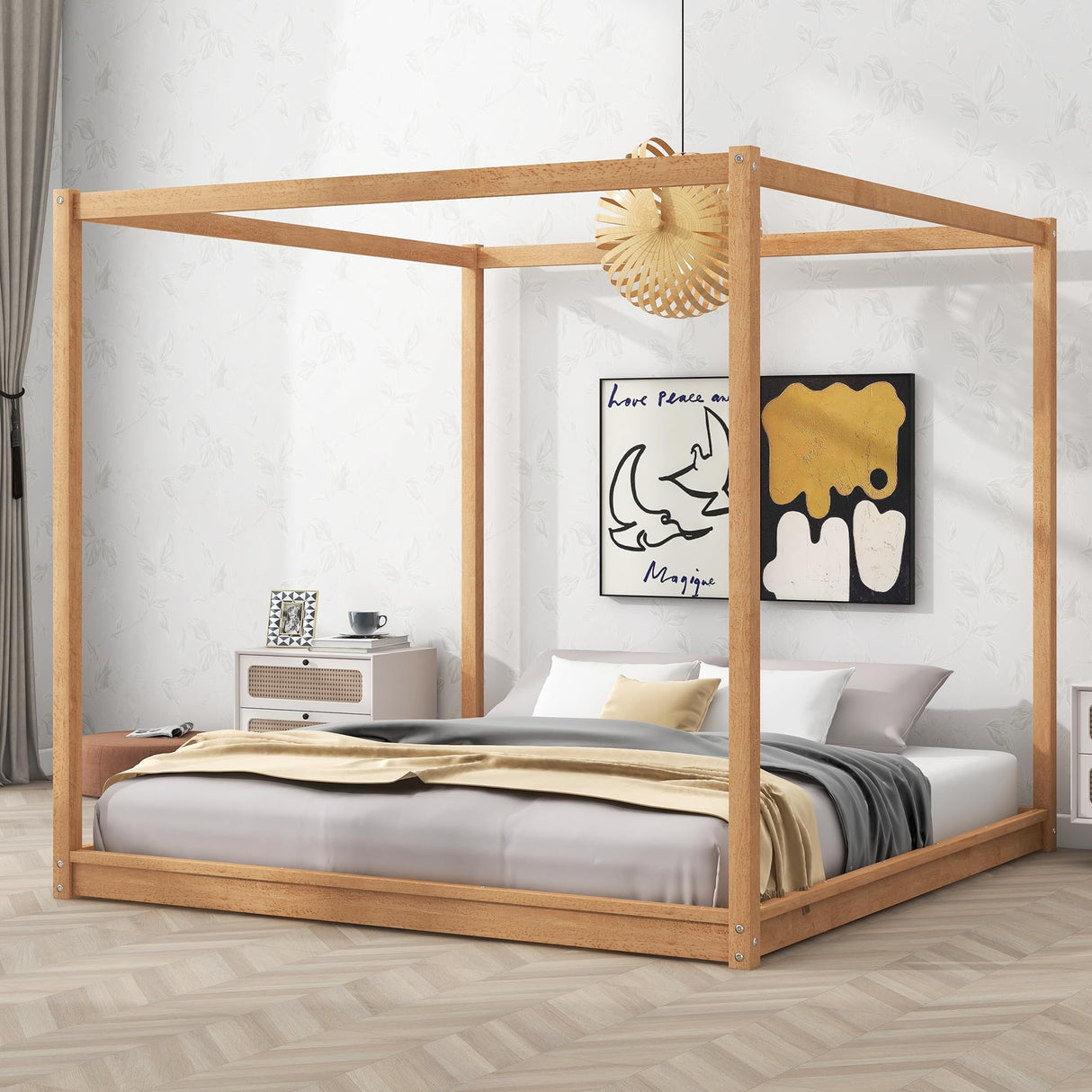 King Size Canopy Bed Frame, Wood Floor Canopy Bed Frame, Four Poster Canopy Platform Bed with Wooden Slats Support for Adults, Solid Wood 4-Poster Bed, Wood Floor Bed Frame with 4 Posters, Natural MaiDeHaoo