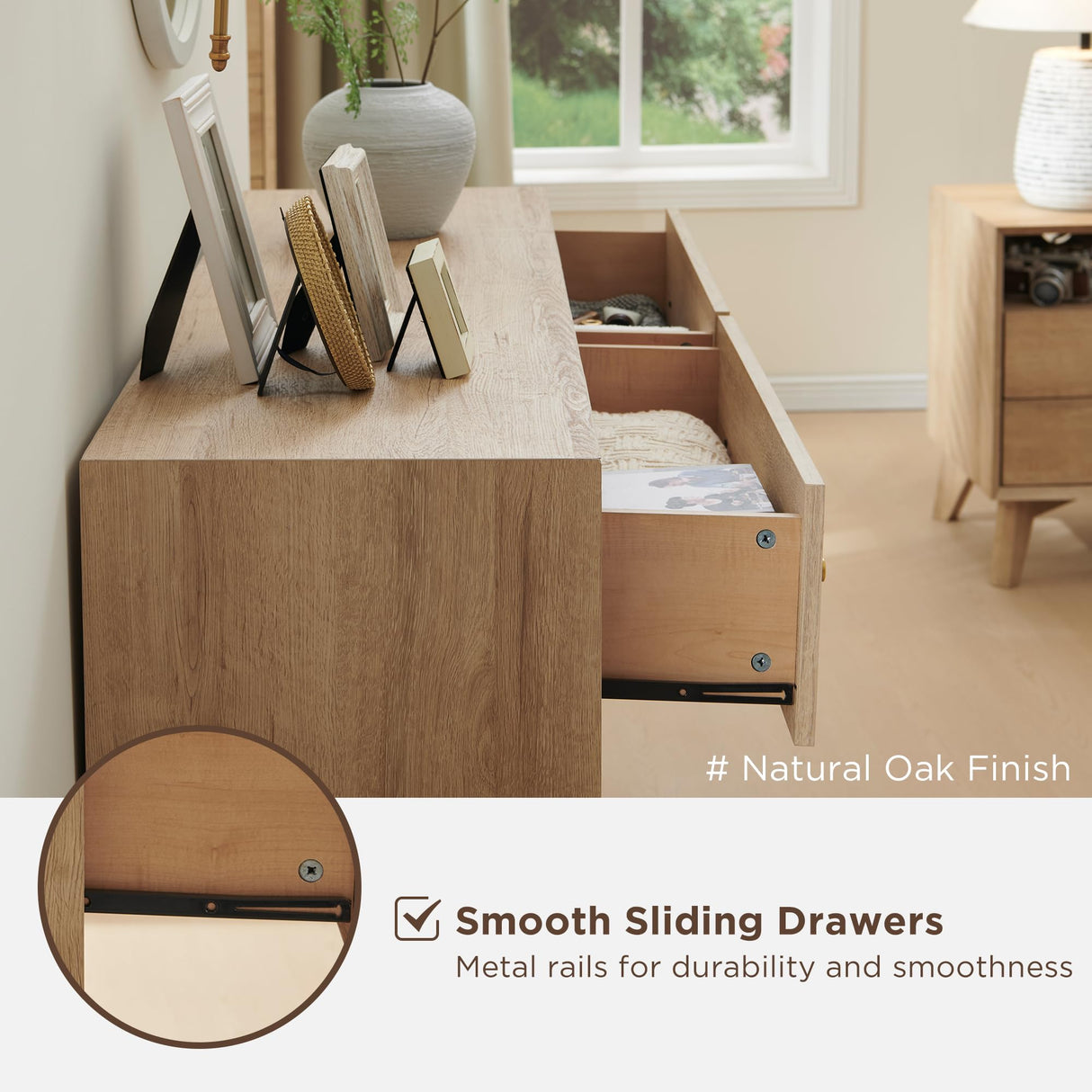 RedLemon 6 Drawer Dresser, 54" Wide Mid Century Modern Chest of Drawers, Beveled Profile Design, Wood Drawer Organizer for Bedroom, Living Room, Hallway, Natural Oak Color RedLemon