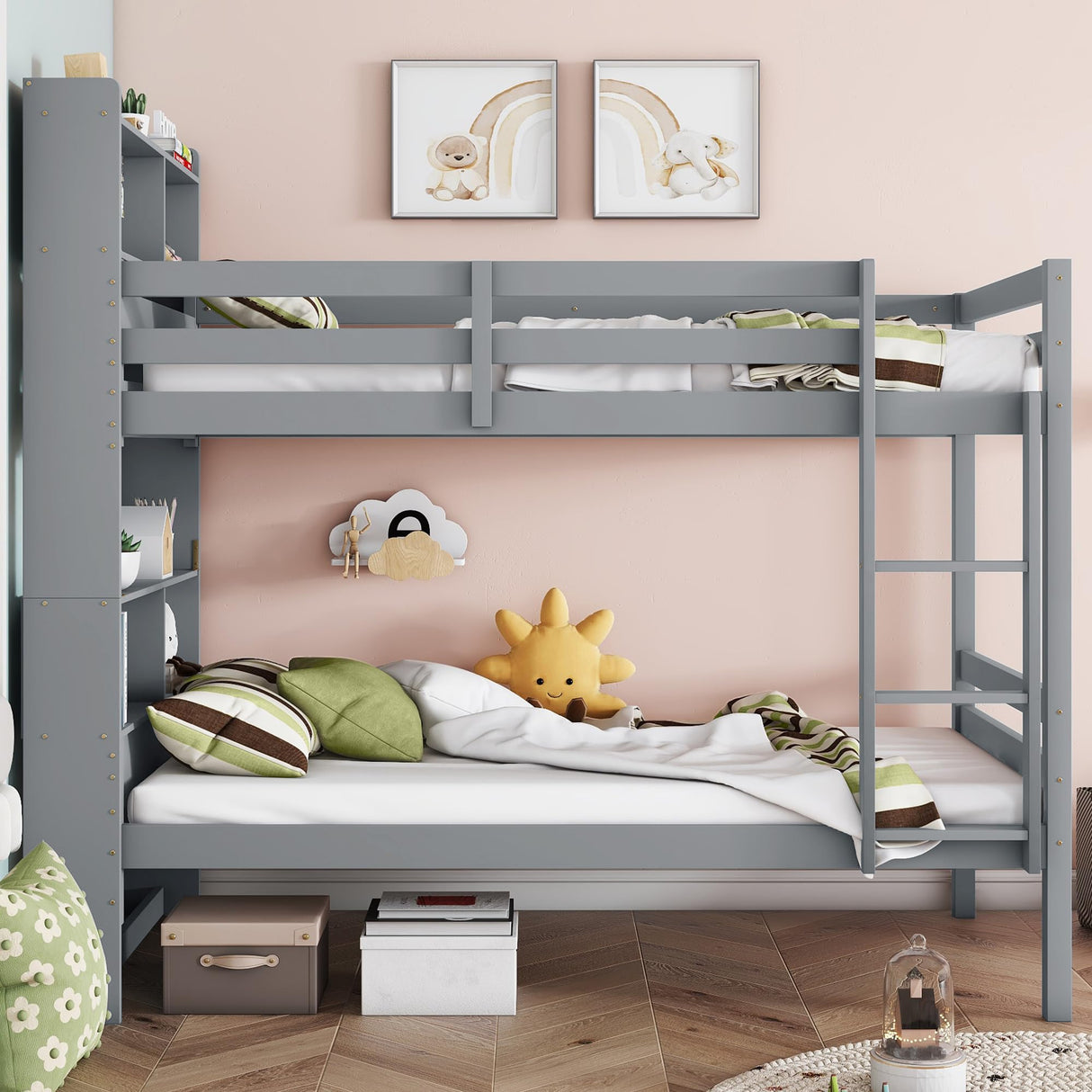 JIJIWANG Twin Over Twin Bunk Bed with Bookcase and Storage Solid Wood Bunk Beds Frame with Shelves, Convertible to 2 Beds, Grey JIJIWANG