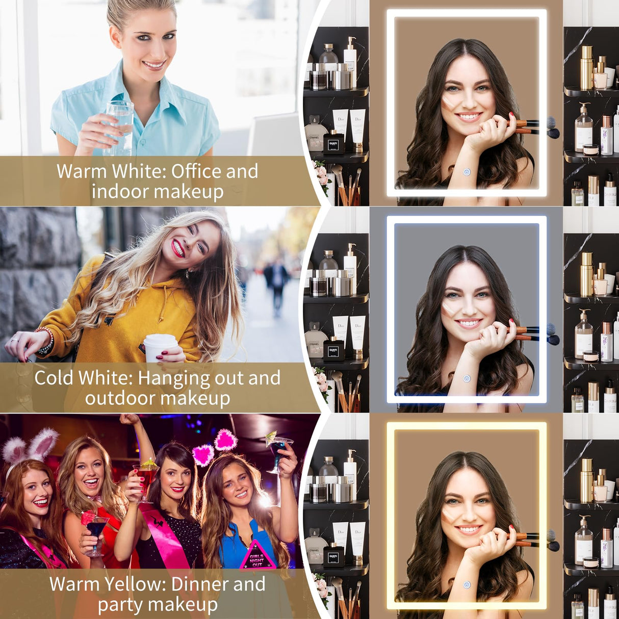 Vanity Desk with Lighted Mirror, Makeup Vanity Set with Power Outlet, Cushioned Stool, Vanity Table with 6 Storage Shelves, 2 Large Drawers and 3 Color Light Adjustable Brightness, Marble Black Patikuin