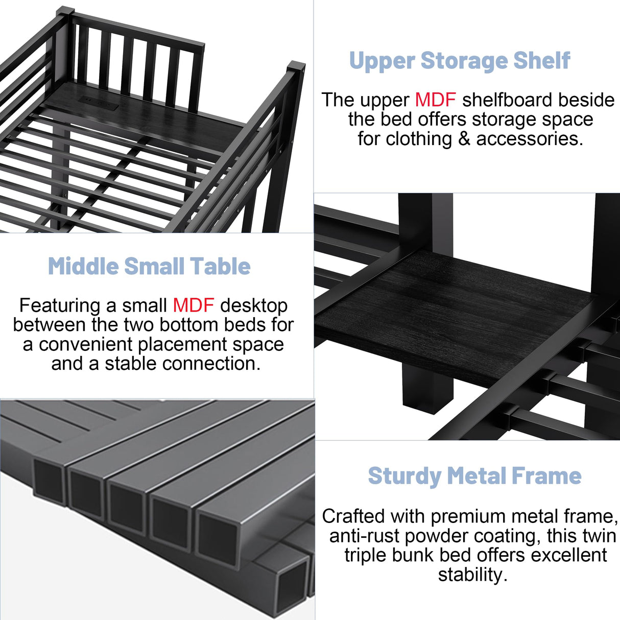 Triple Bunk Bed for Kids with LED Light ,Metal Heavy Duty 3 Bunk Beds with Charge Station & Storage Shelf, Convertible Three Bunk Beds for Girls Boys Teens,Can be Separated into 3 Beds , Black MoproBeti