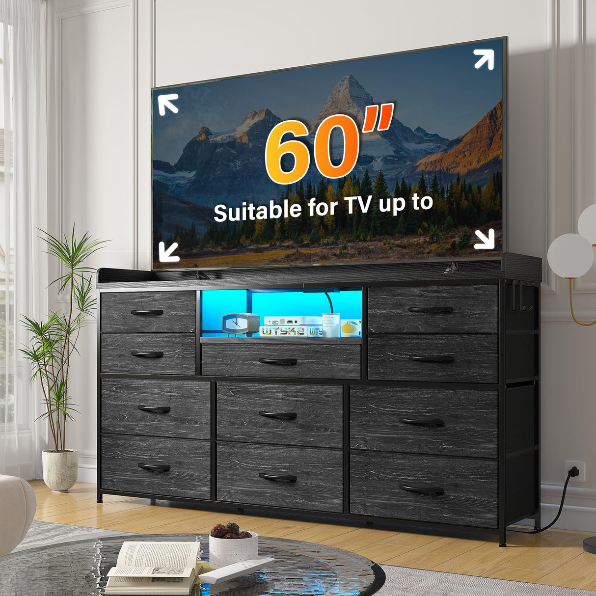EnHomee Dresser TV Stand with 11 Drawers for 60" TV Stand for Bedroom with LED Lights & Power Outlets Long Dresser for Bedroom with Shelves & 4 Hooks Sturdy Metal Frame & Wood Top, Charcoal Black EnHomee