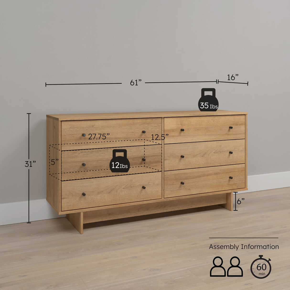 Prepac Finnley 6-Drawer Dresser in Natural Oak, Dresser for Bedroom, Extra-Wide Chest of Drawers with Storage, Modern Clothing Organizer for Home, Bedroom, Living Room, 16" D x 61" W x 31" H Prepac