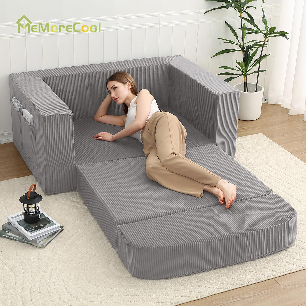 MeMoreCool Convertible Sofa Bed, Pull Out Loveseat Sleeper Sofa, Small Boneless Cloud Couch Bed for Adults, Fold Out Foam Love Seat Grey, Corduroy Folding Floor Couch for Bedroom MeMoreCool