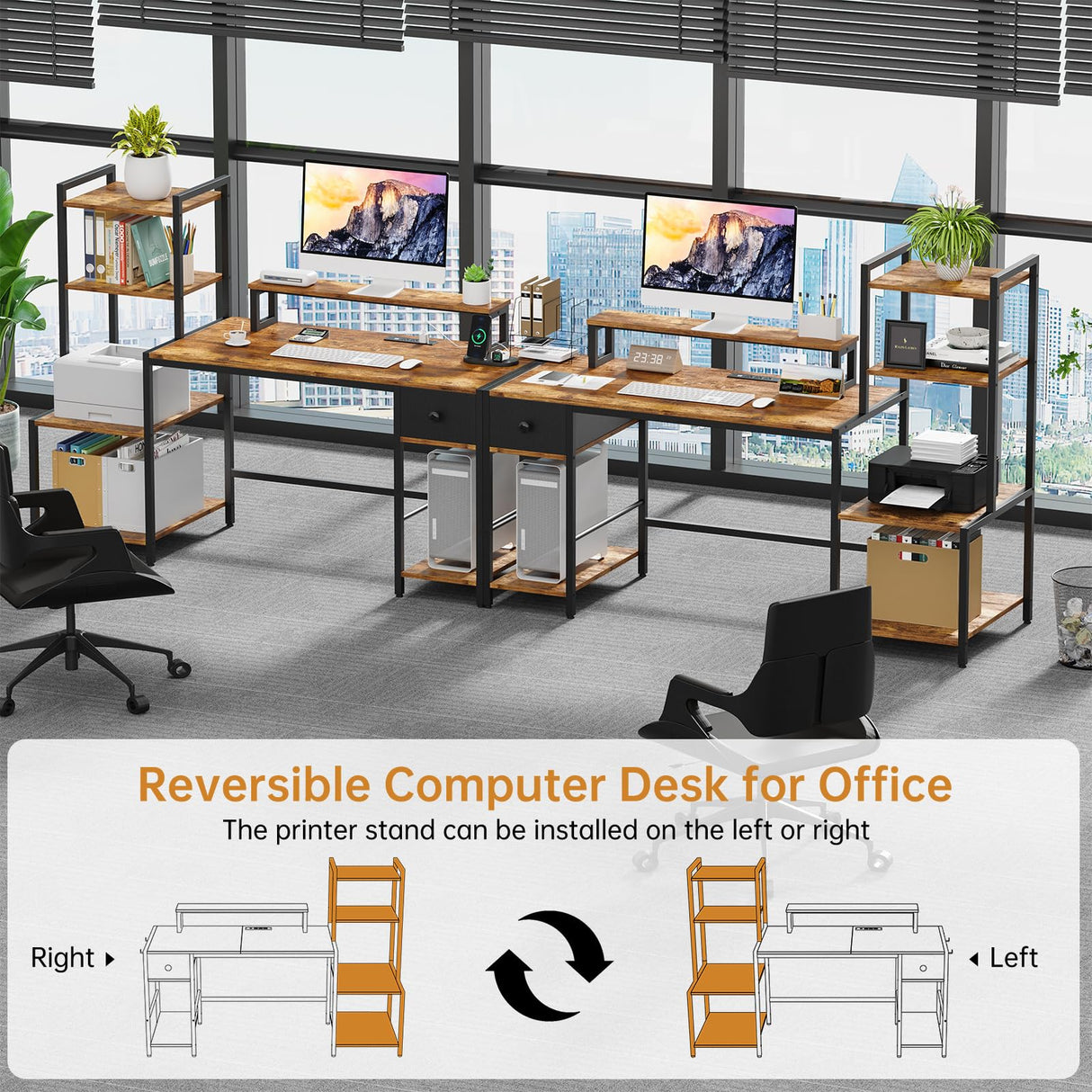 Creso hom Computer Desk with Printer Stand, 59" Office Table with Charging Station, Home Office Desk with LED and Monitor Stand, Reversible Desk for Study Writing Working Gaming, Rustic Brown Creso hom